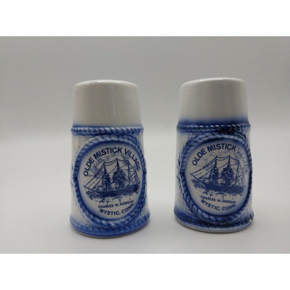 OLDE MISTICK VILLAGE Salt & Pepper Shakers Mystic CT Blue White Morgan Ship Vtg